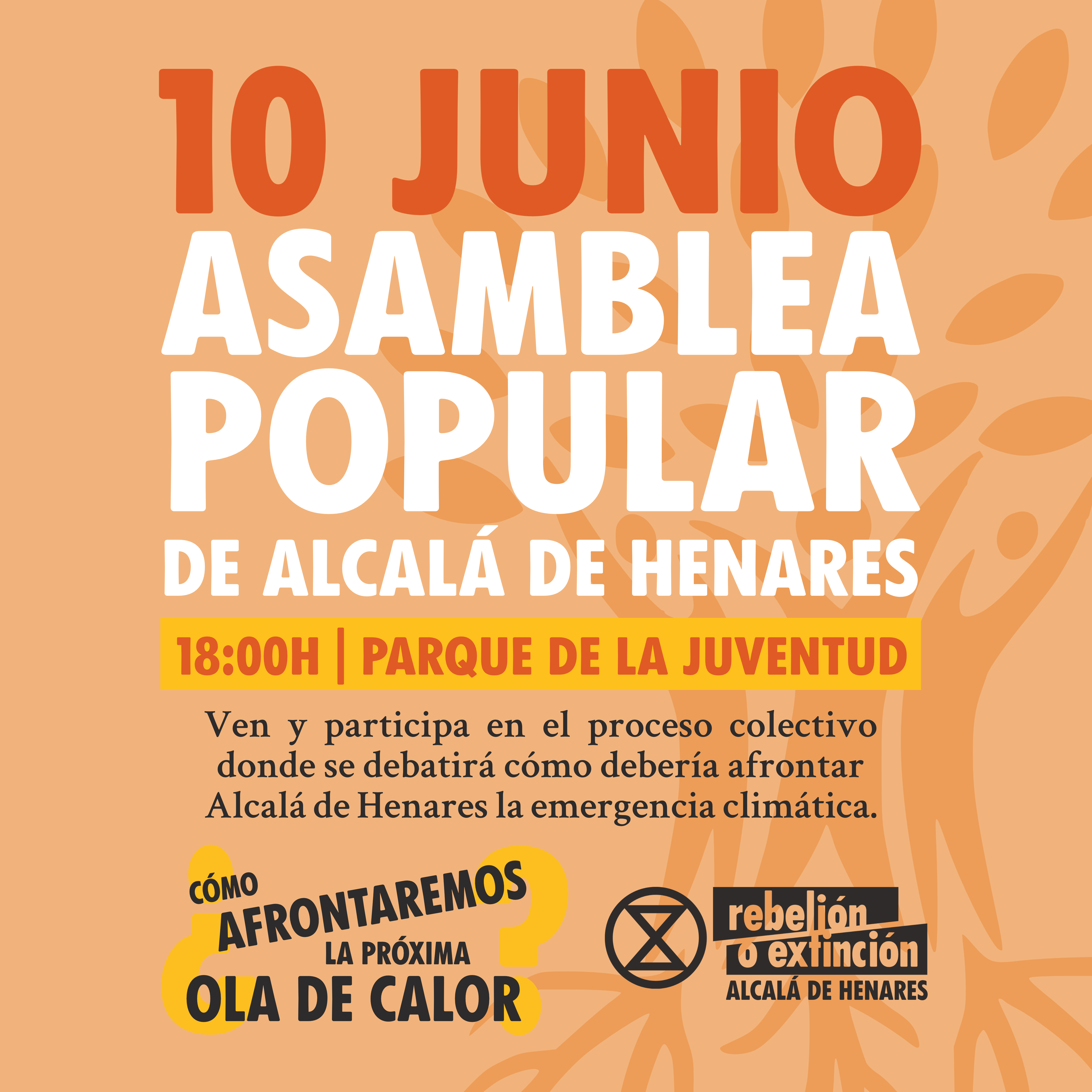 Cartel de la asamblea popular de Alcalá de Henares. El 10 de junio a las 18:00 en el parque de la Juventud